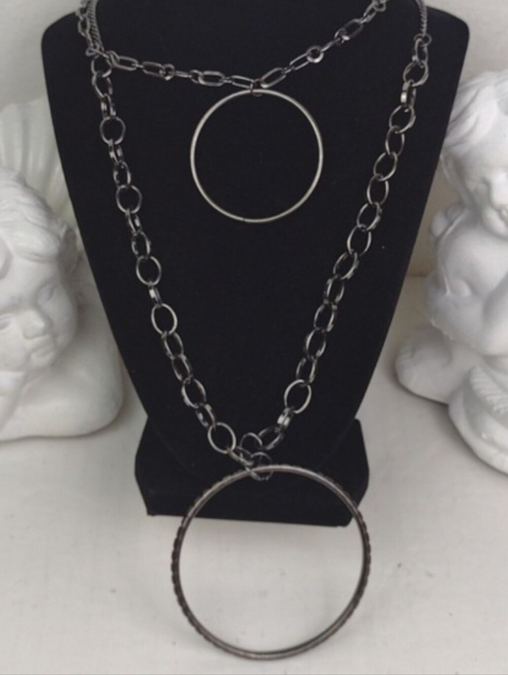 Edgy Chunky Differing Textures Gun Metal Chains & Dual Rings Pendant Necklace